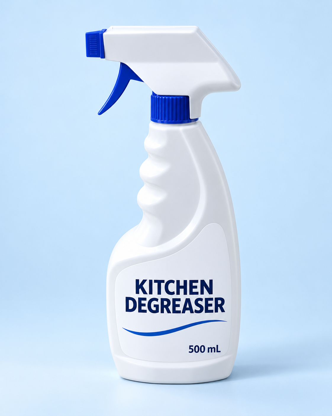 English packaging concept for a white 500 mL kitchen degreaser bottle with a blue trigger sprayer