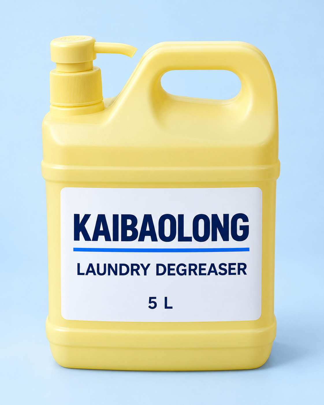 English packaging concept for a pale yellow Kaibaolong 5 L laundry degreaser jug with a pump and integrated handle