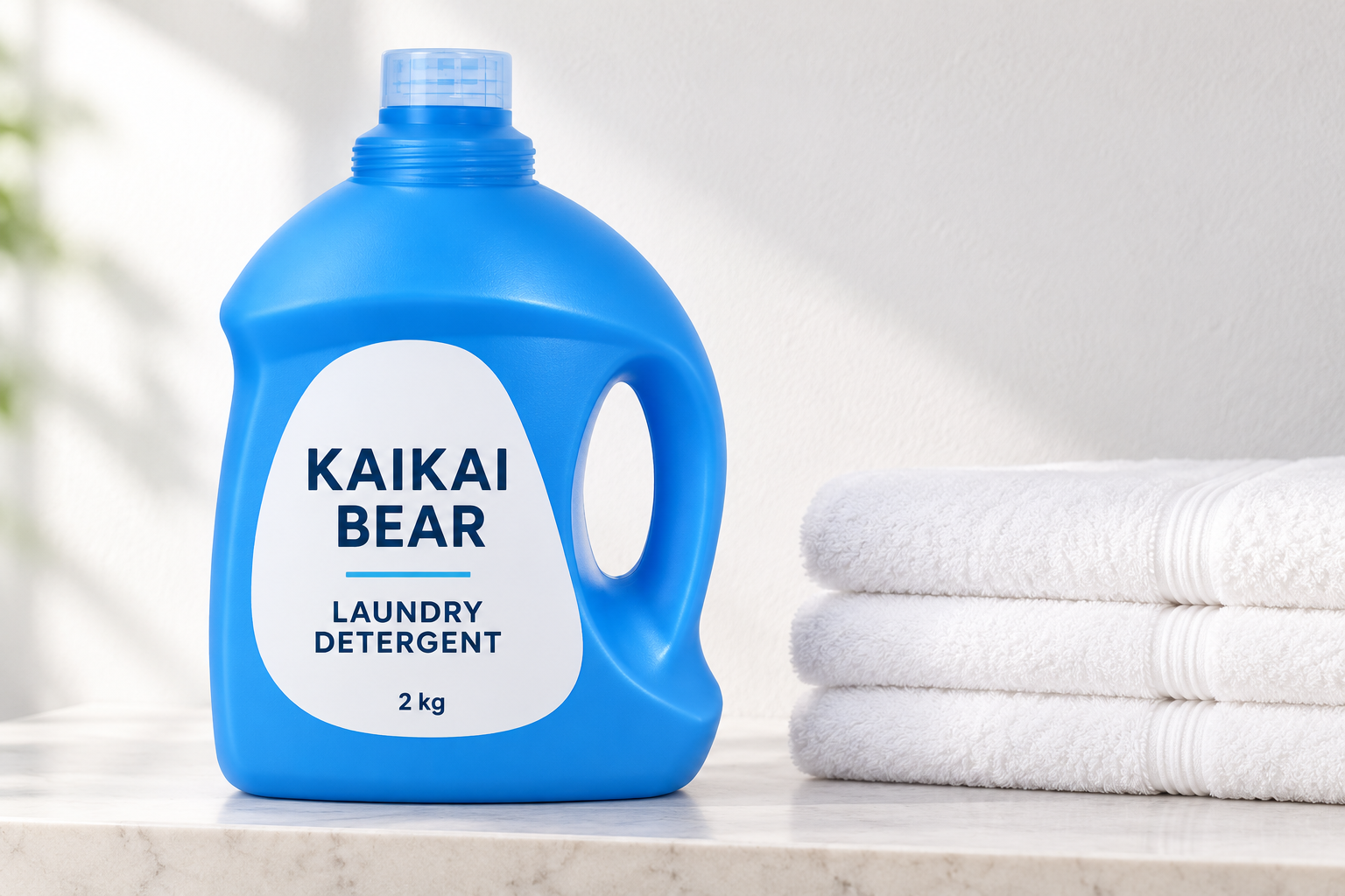 English packaging concept for Kaikai Bear laundry detergent beside folded white towels in a bright laundry setting